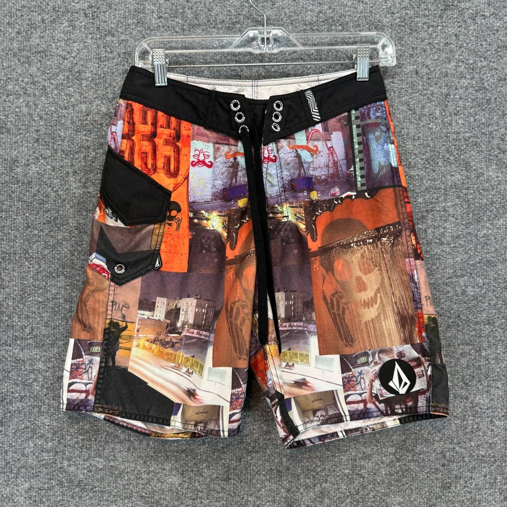 Volcom Board Shorts Mens 28 Orange Collage Print Skull‎ Graffiti Swim Trunks Y2K